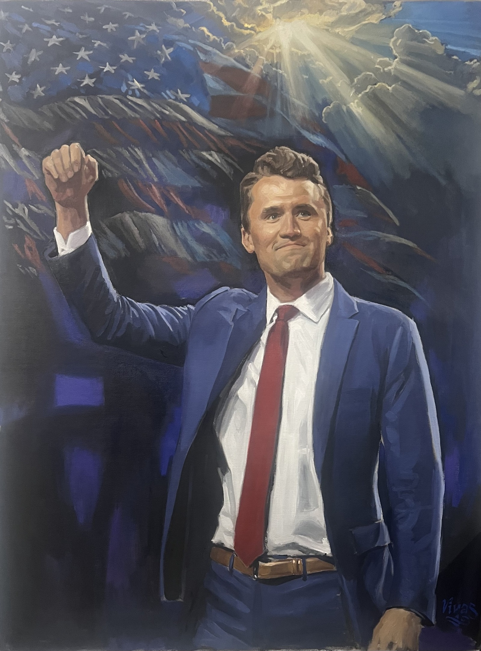 Charlie, painting: a man in a blue suit and red tie raising his fist beneath a flag and sunlit clouds
