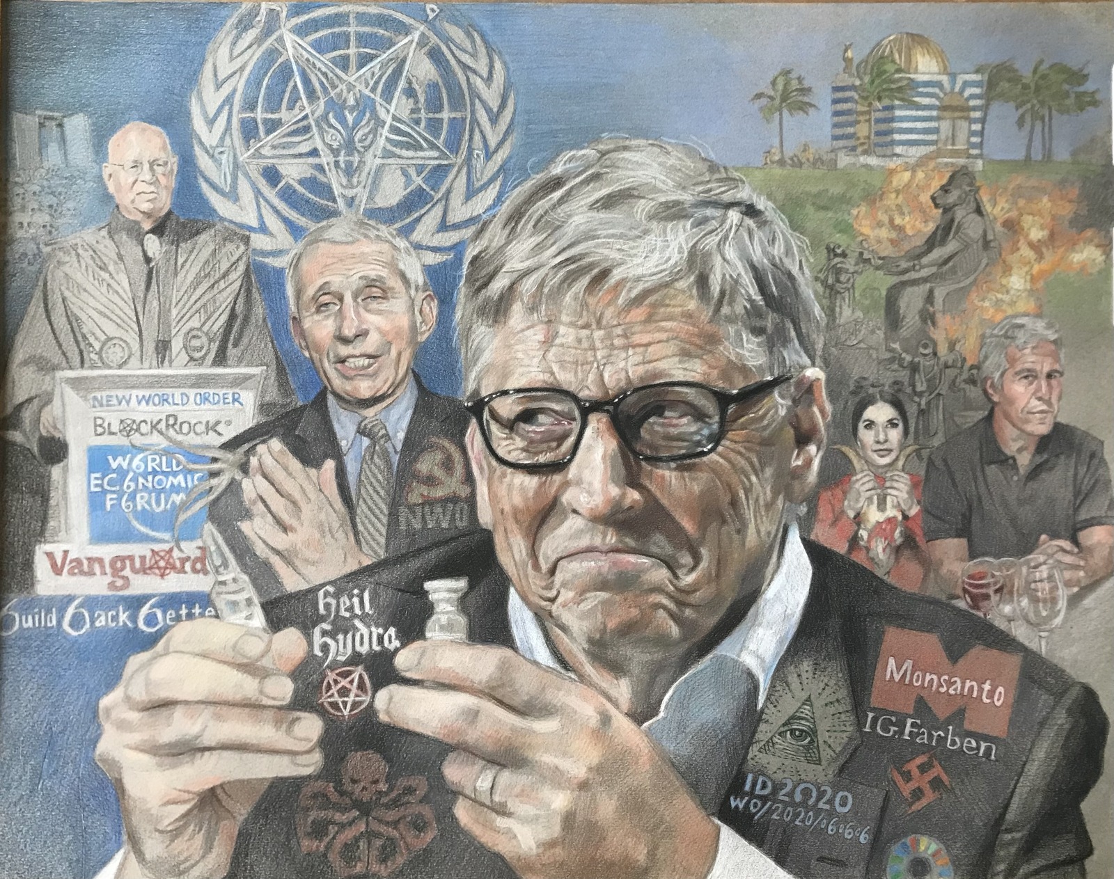 Gates of Hell, colored drawing: Bill Gates holding a vial, surrounded by figures and symbols