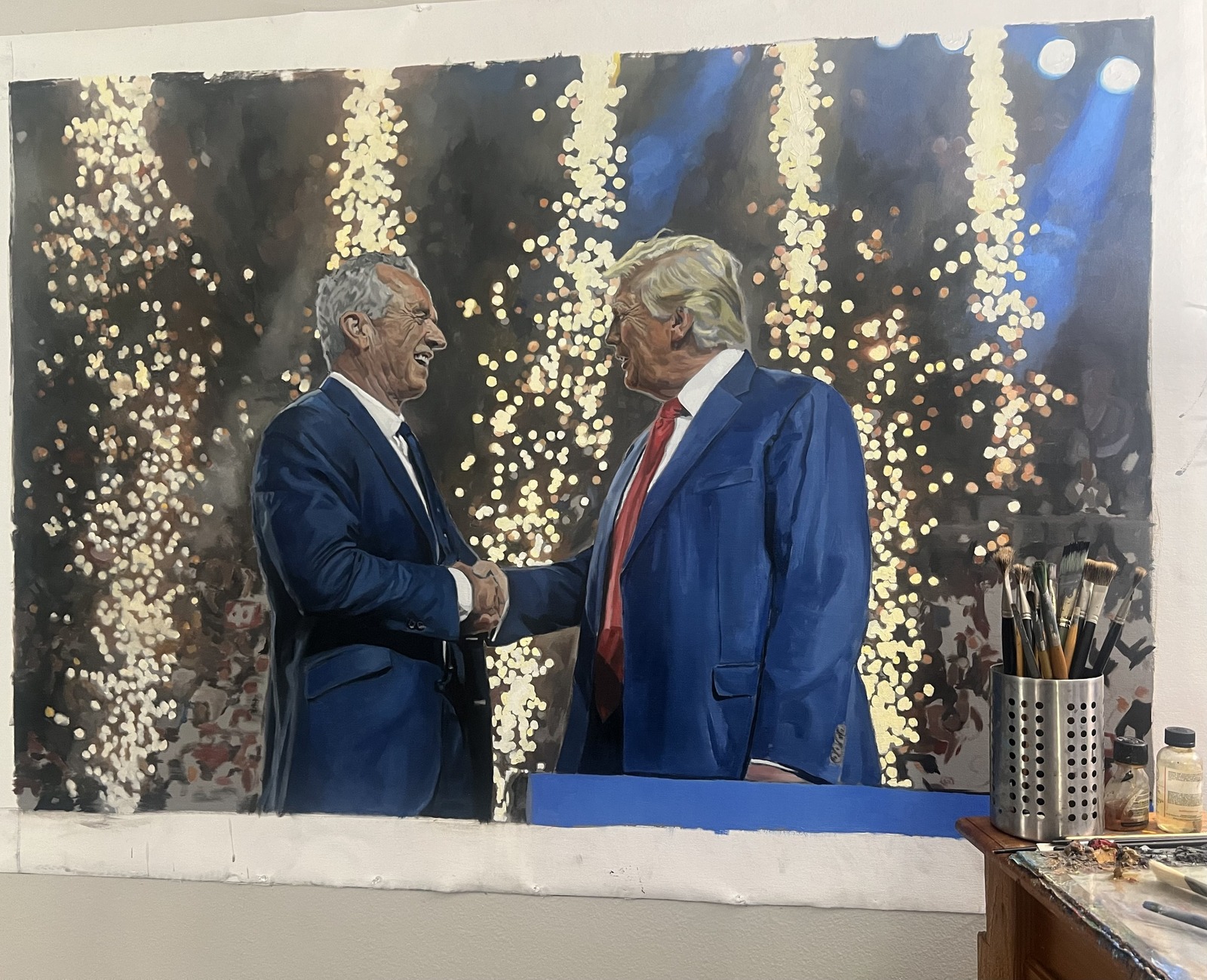 MAHA, oil on canvas: two men in blue suits shaking hands under falling golden sparks
