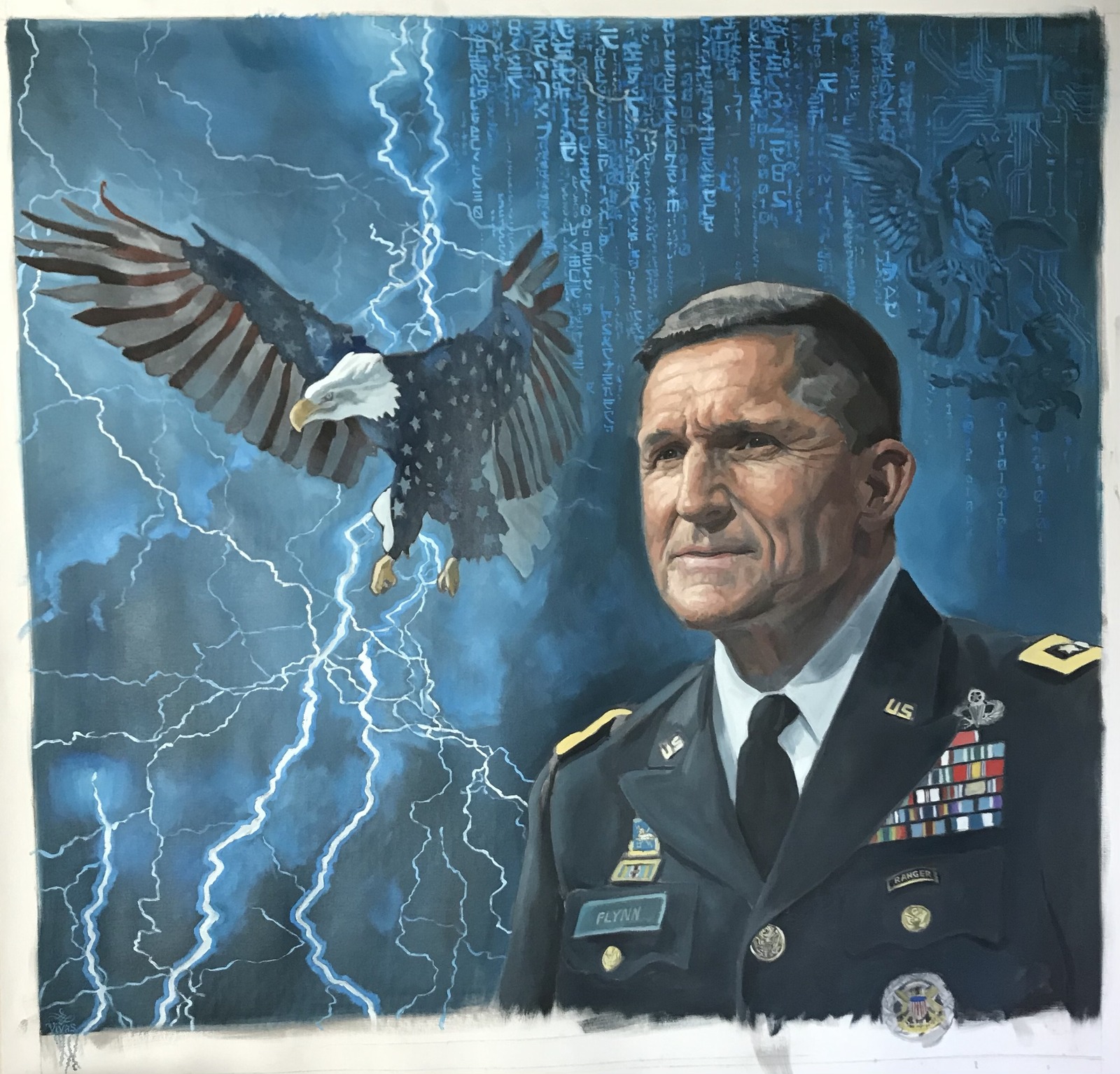 The People’s General, oil on canvas: General Michael Flynn in uniform beside an eagle and lightning